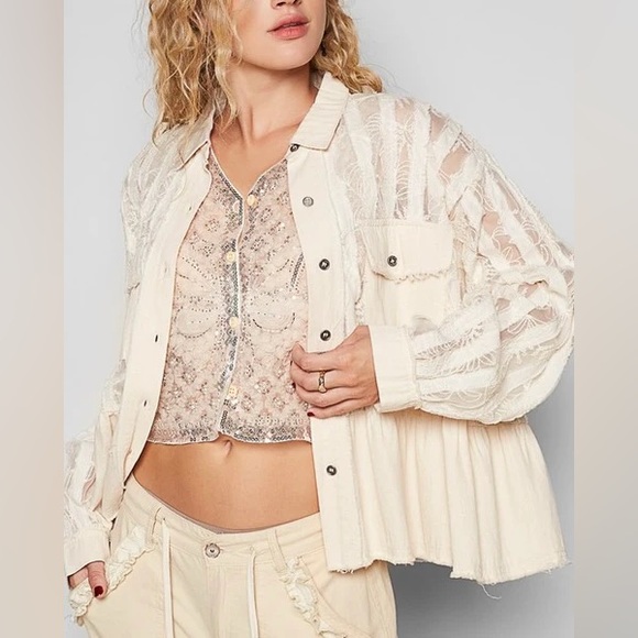 POL Tops - POL Cream Striped and Floral Embroidered Button Up Shacket